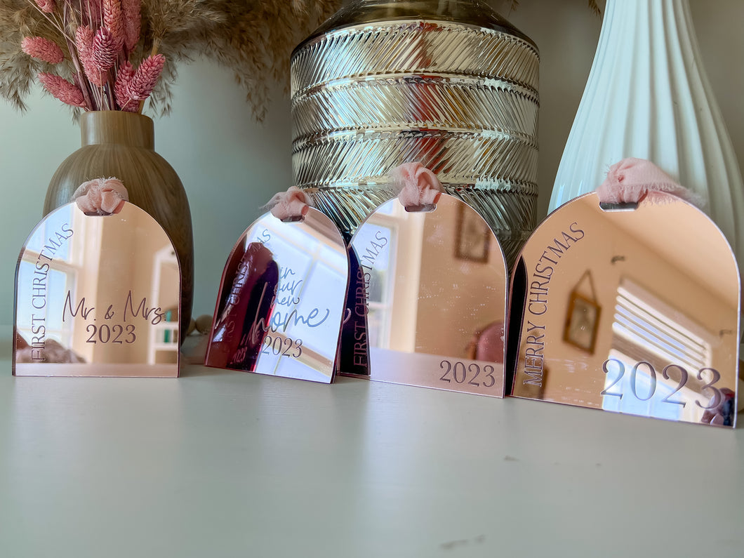 Rose gold mirror ornaments (leave name customizations in the notes)